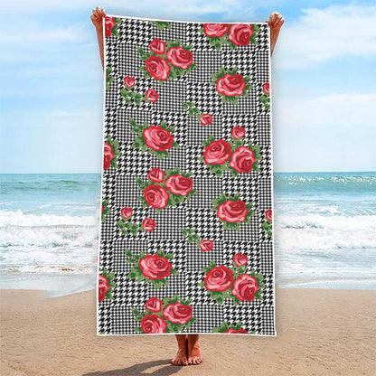 Red Roses Houndstooth Pattern Print Beach Towel