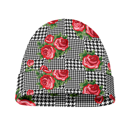 Red Roses Houndstooth Pattern Print Beanie