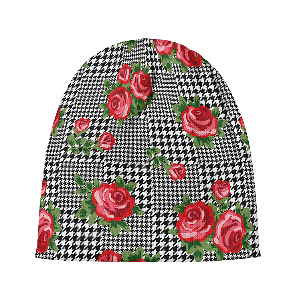 Red Roses Houndstooth Pattern Print Beanie