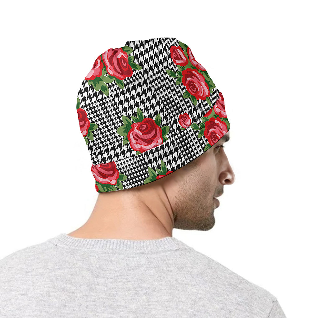 Red Roses Houndstooth Pattern Print Beanie