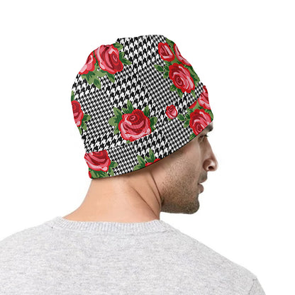 Red Roses Houndstooth Pattern Print Beanie