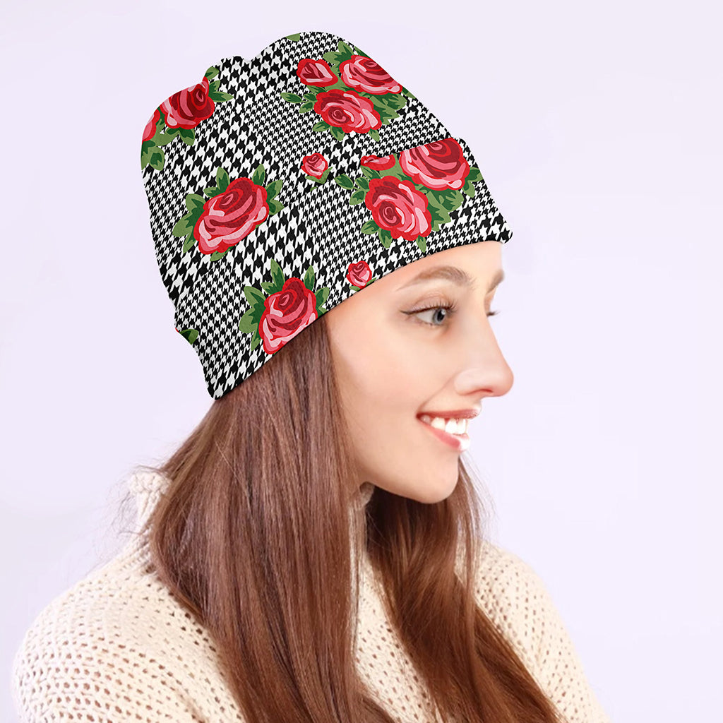 Red Roses Houndstooth Pattern Print Beanie