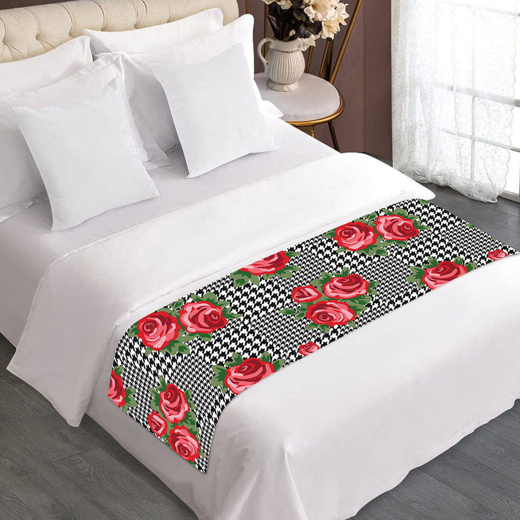Red Roses Houndstooth Pattern Print Bed Runner