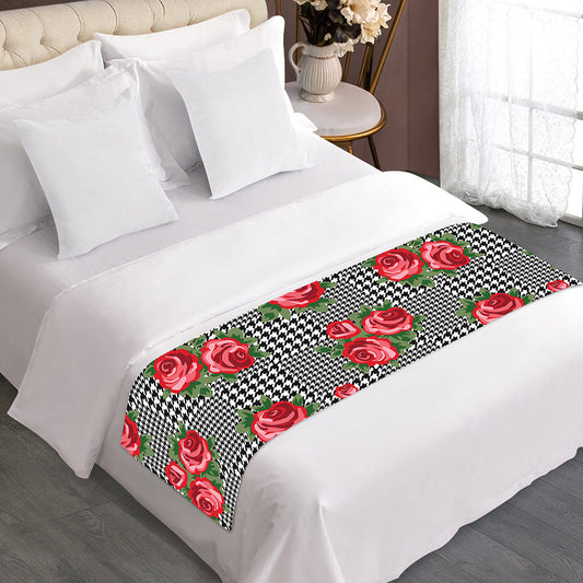 Red Roses Houndstooth Pattern Print Bed Runner