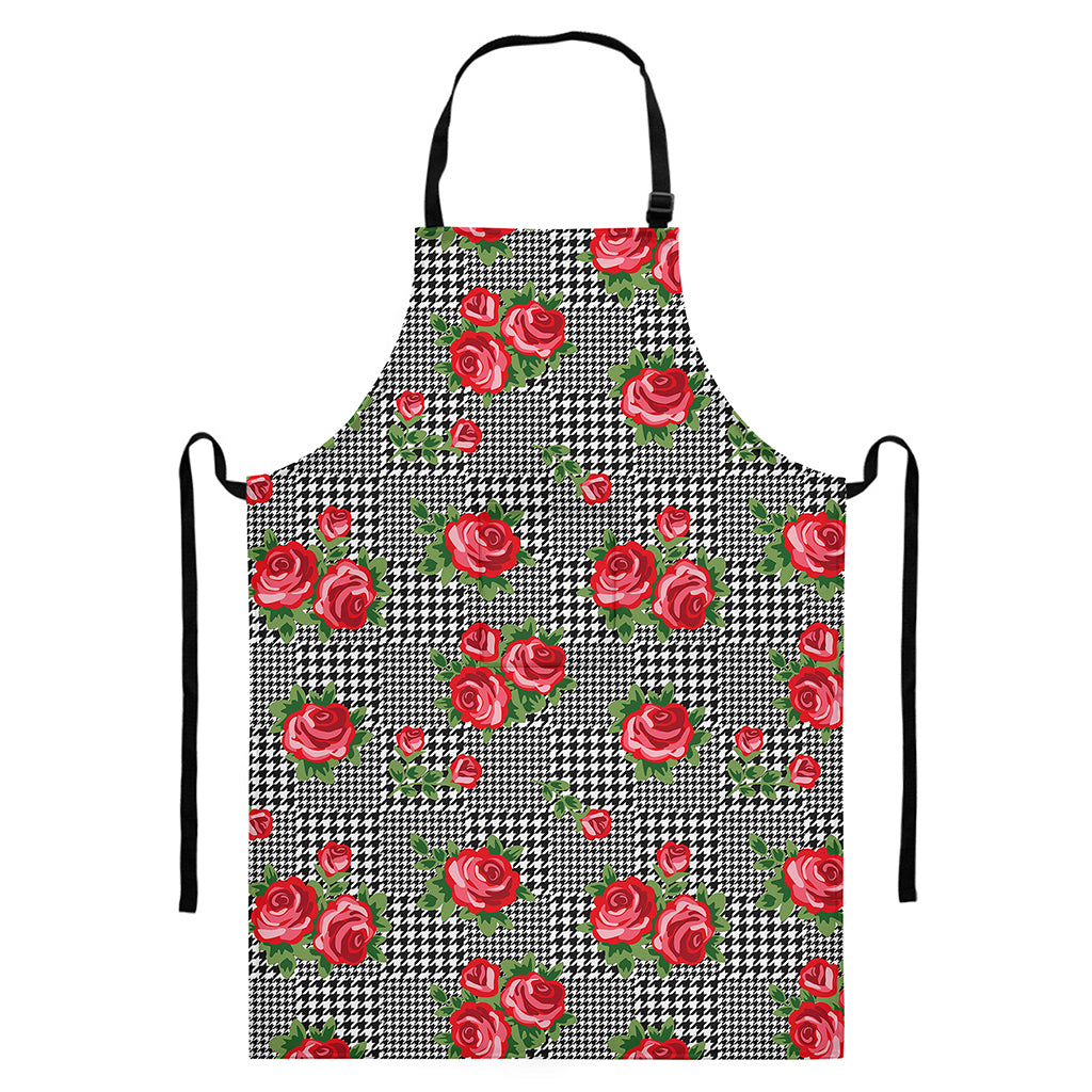 Red Roses Houndstooth Pattern Print Bib Apron With Pocket