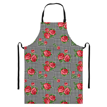 Red Roses Houndstooth Pattern Print Bib Apron With Pocket