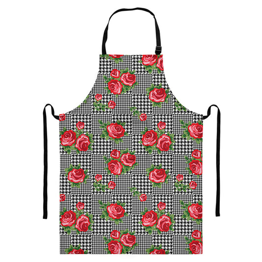 Red Roses Houndstooth Pattern Print Bib Apron With Pocket
