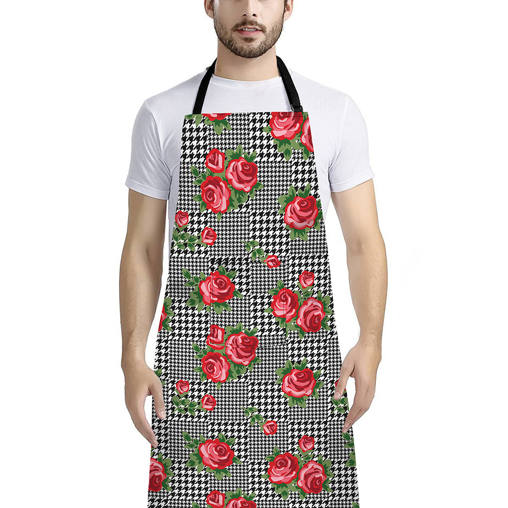 Red Roses Houndstooth Pattern Print Bib Apron With Pocket