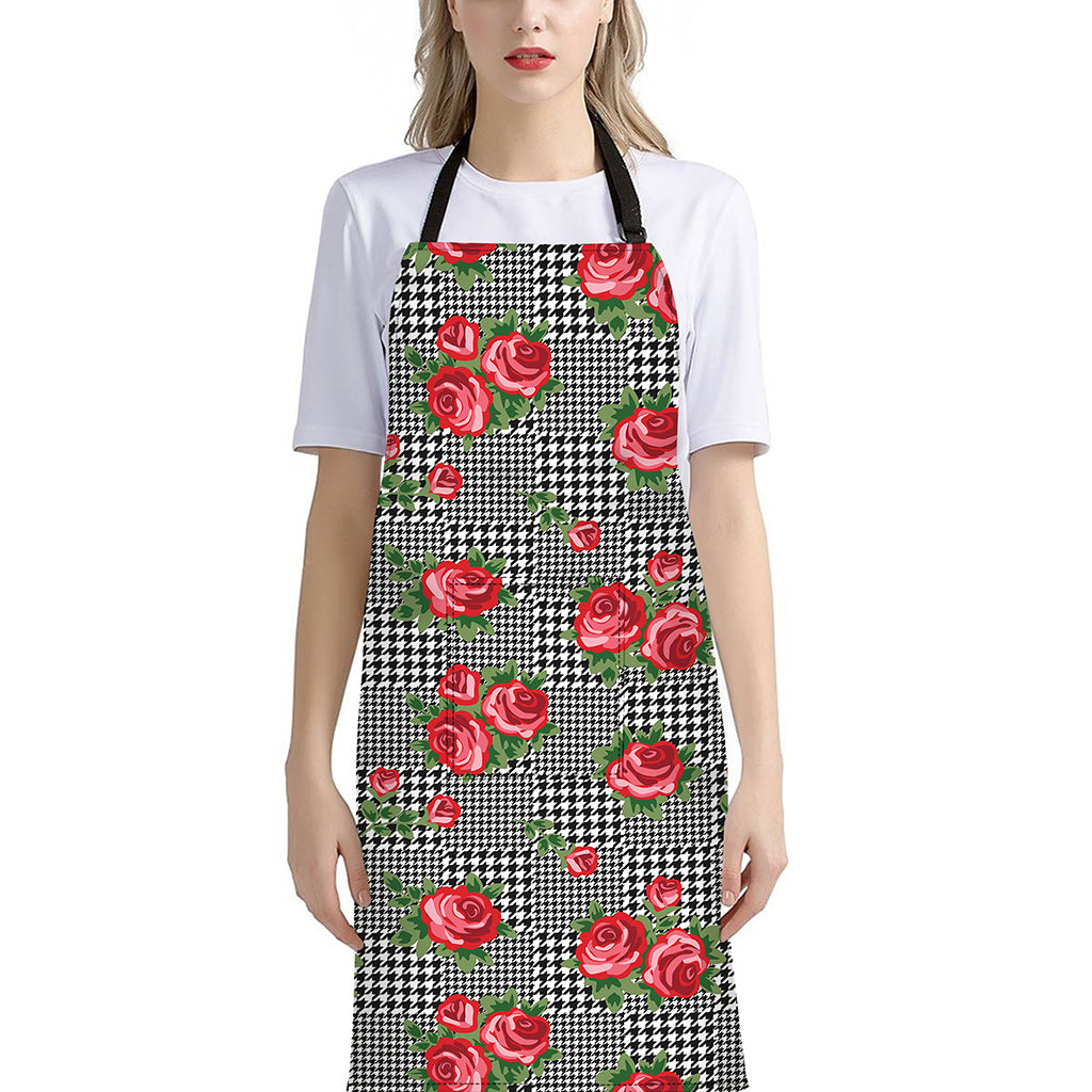 Red Roses Houndstooth Pattern Print Bib Apron With Pocket