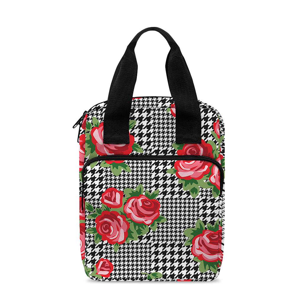 Red Roses Houndstooth Pattern Print Bible Tote Bag