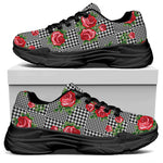 Red Roses Houndstooth Pattern Print Black Chunky Shoes