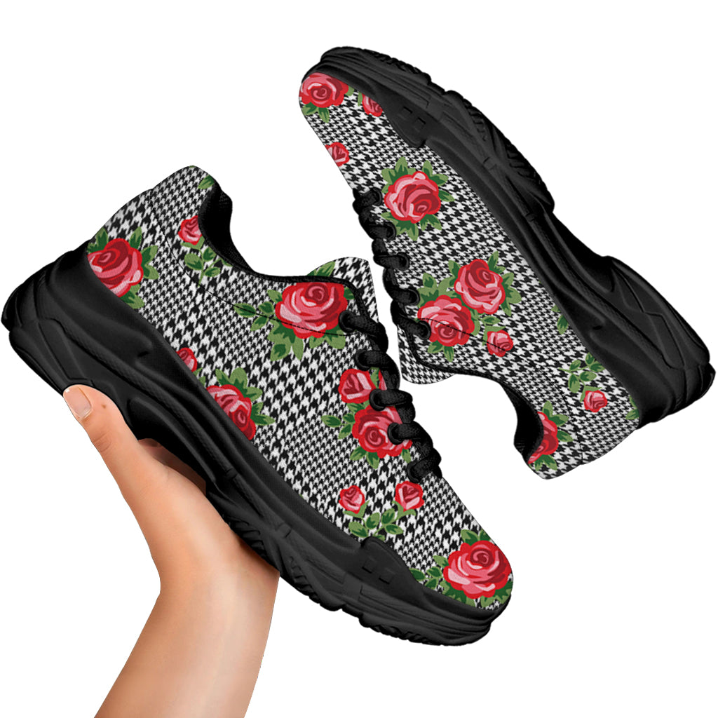 Red Roses Houndstooth Pattern Print Black Chunky Shoes