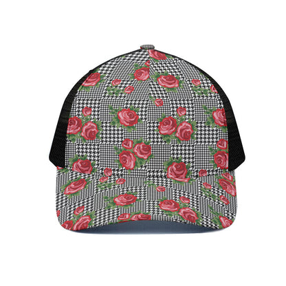 Red Roses Houndstooth Pattern Print Black Mesh Trucker Cap