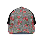 Red Roses Houndstooth Pattern Print Black Mesh Trucker Cap
