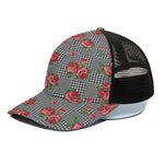 Red Roses Houndstooth Pattern Print Black Mesh Trucker Cap