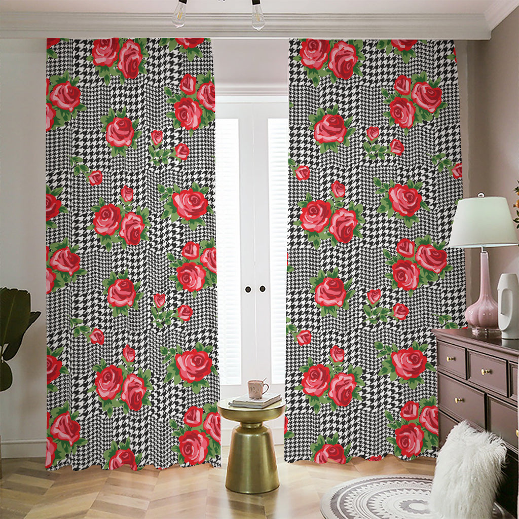 Red Roses Houndstooth Pattern Print Blackout Pencil Pleat Curtains