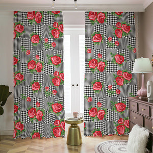 Red Roses Houndstooth Pattern Print Blackout Pencil Pleat Curtains