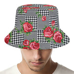 Red Roses Houndstooth Pattern Print Bucket Hat