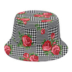 Red Roses Houndstooth Pattern Print Bucket Hat