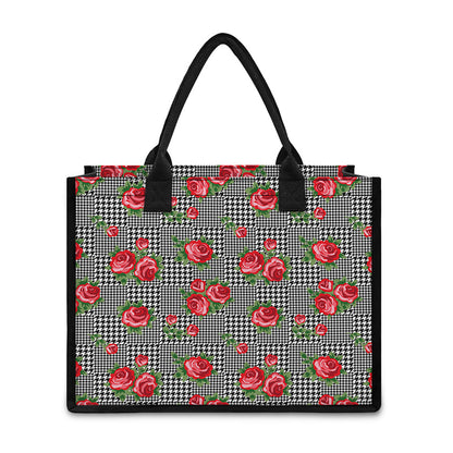 Red Roses Houndstooth Pattern Print Canvas Tote Bag