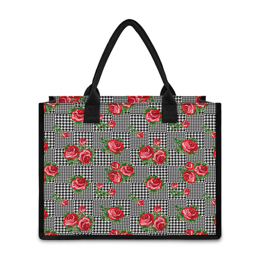 Red Roses Houndstooth Pattern Print Canvas Tote Bag