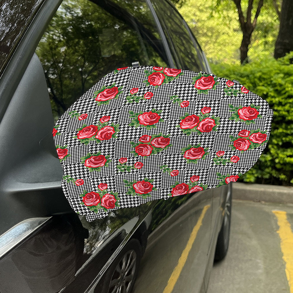 Red Roses Houndstooth Pattern Print Car Side Mirror Covers