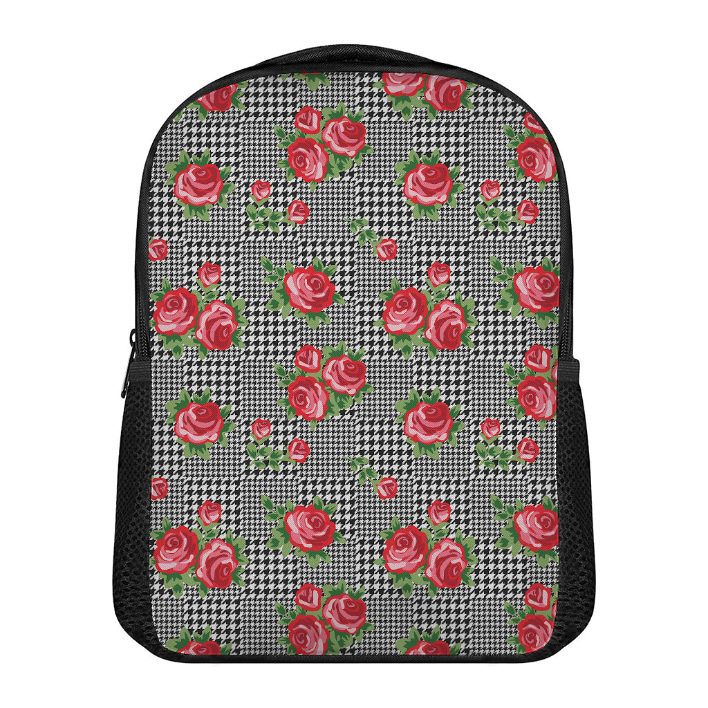 Red Roses Houndstooth Pattern Print Casual Backpack