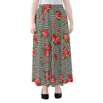 Red Roses Houndstooth Pattern Print Chiffon Maxi Skirt