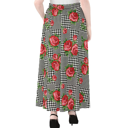 Red Roses Houndstooth Pattern Print Chiffon Maxi Skirt