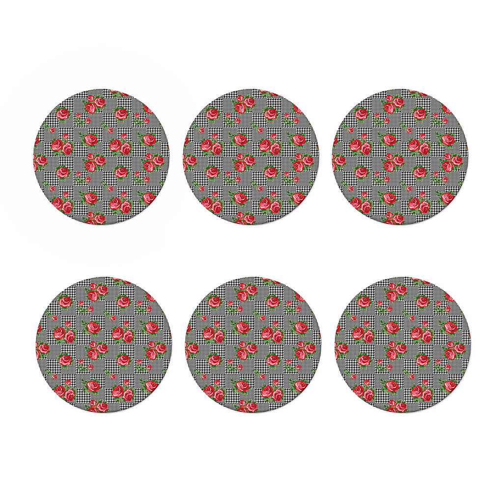 Red Roses Houndstooth Pattern Print Coaster Set
