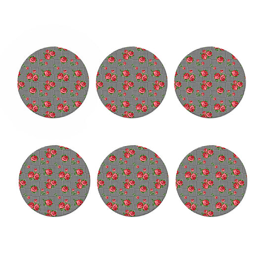Red Roses Houndstooth Pattern Print Coaster Set