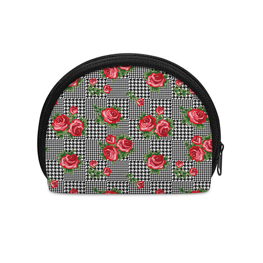 Red Roses Houndstooth Pattern Print Coin Purse
