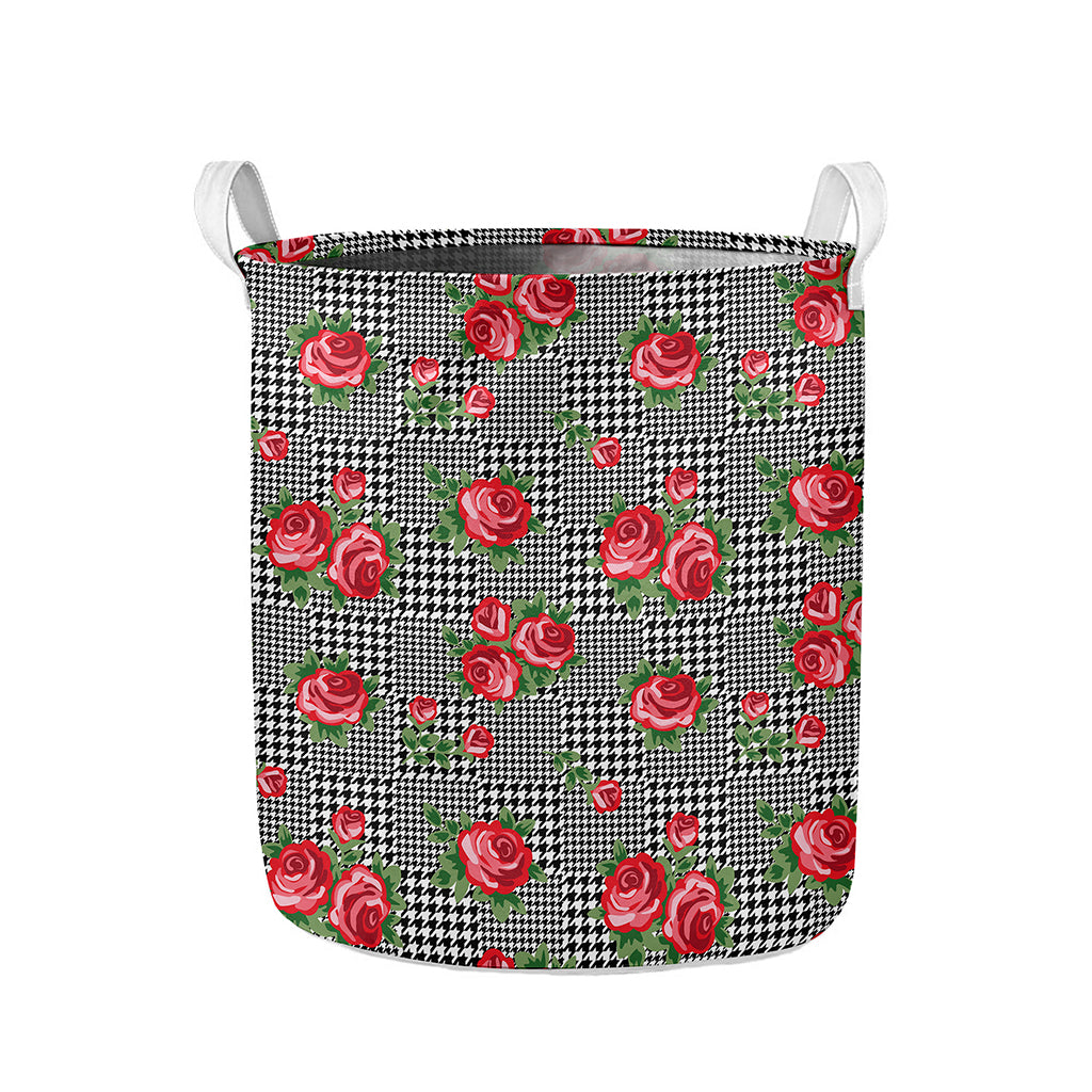 Red Roses Houndstooth Pattern Print Collapsible Laundry Basket