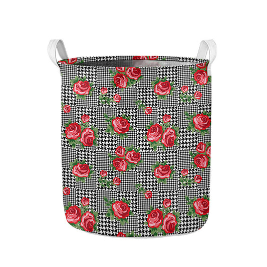 Red Roses Houndstooth Pattern Print Collapsible Laundry Basket