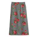 Red Roses Houndstooth Pattern Print Cotton Front Slit Maxi Skirt