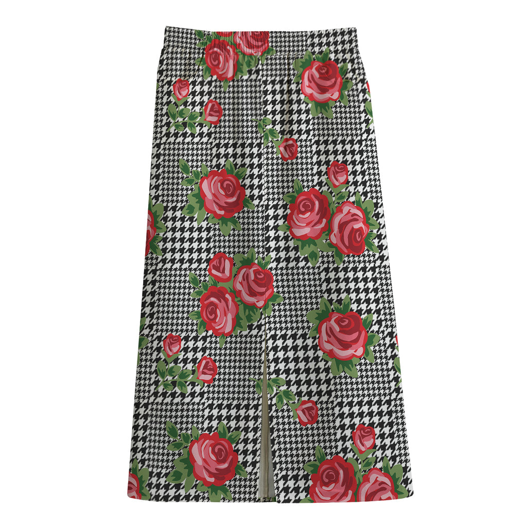 Red Roses Houndstooth Pattern Print Cotton Front Slit Maxi Skirt