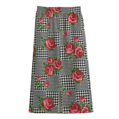 Red Roses Houndstooth Pattern Print Cotton Front Slit Maxi Skirt