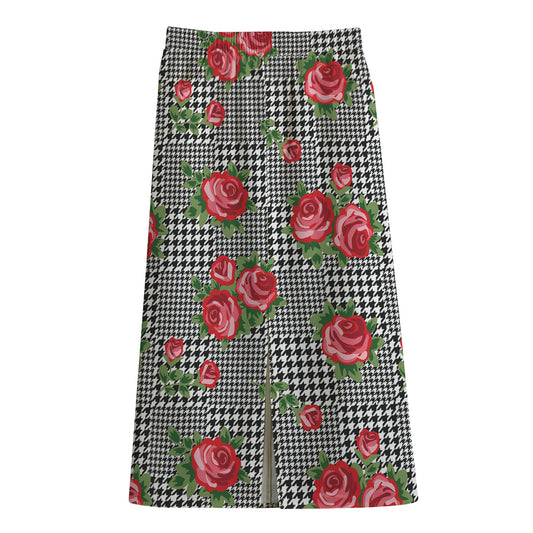 Red Roses Houndstooth Pattern Print Cotton Front Slit Maxi Skirt