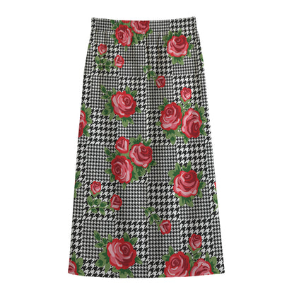 Red Roses Houndstooth Pattern Print Cotton Front Slit Maxi Skirt