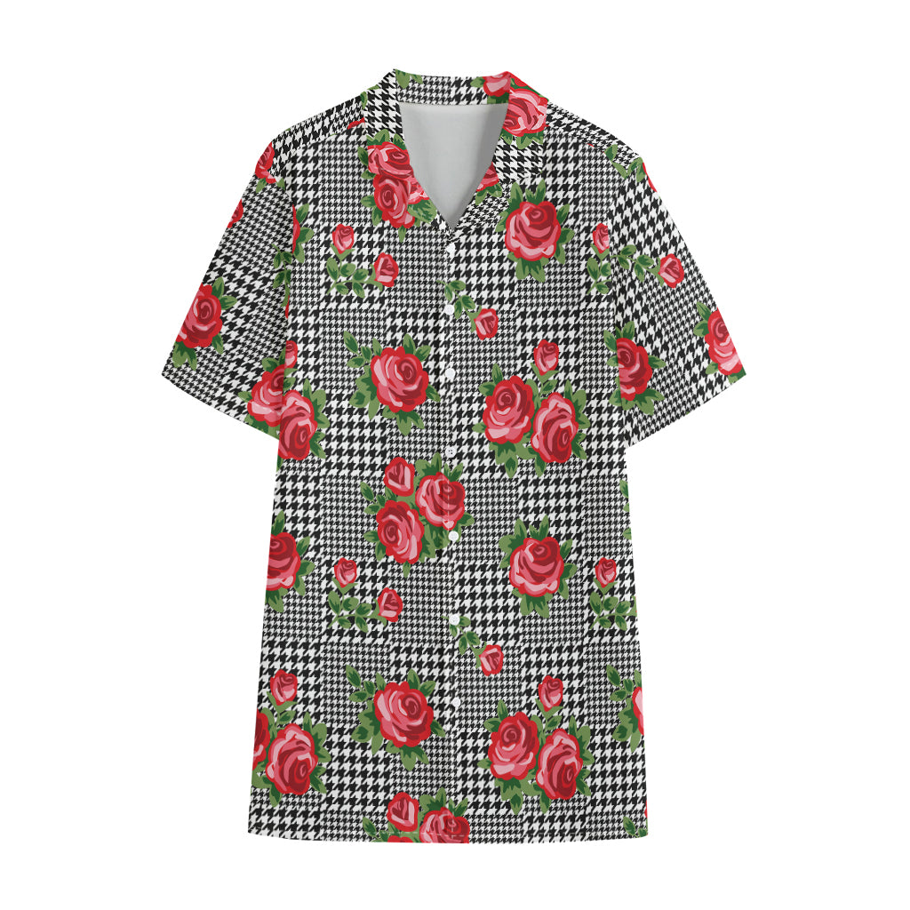 Red Roses Houndstooth Pattern Print Cotton Hawaiian Shirt