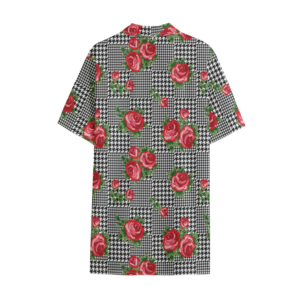 Red Roses Houndstooth Pattern Print Cotton Hawaiian Shirt