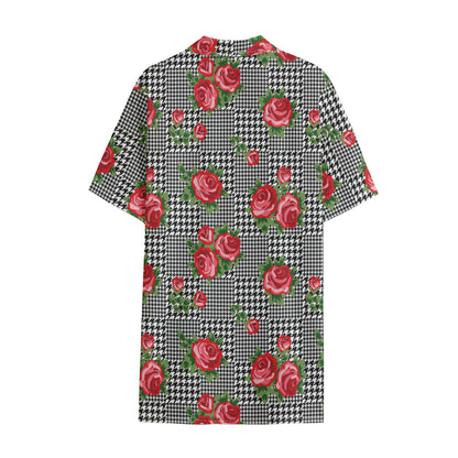Red Roses Houndstooth Pattern Print Cotton Hawaiian Shirt