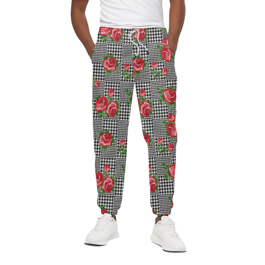 Red Roses Houndstooth Pattern Print Cotton Pants
