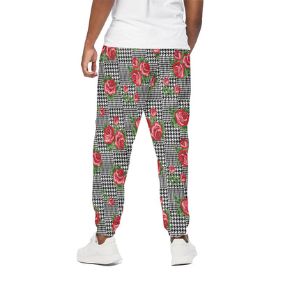 Red Roses Houndstooth Pattern Print Cotton Pants