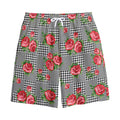 Red Roses Houndstooth Pattern Print Cotton Shorts