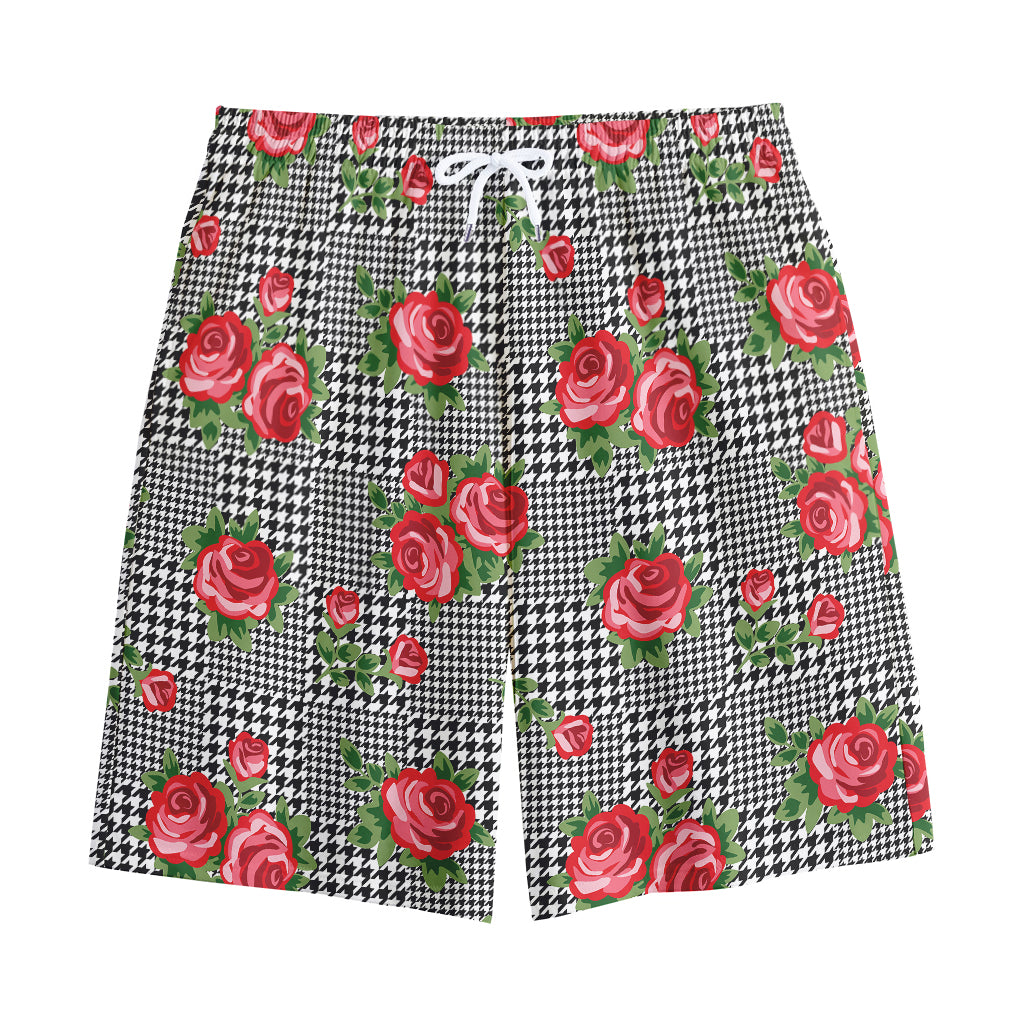 Red Roses Houndstooth Pattern Print Cotton Shorts