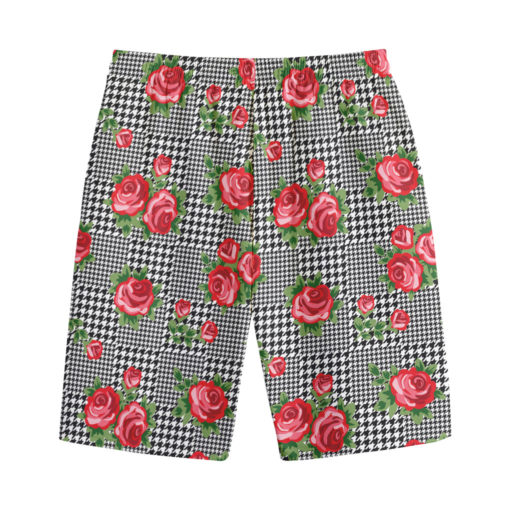Red Roses Houndstooth Pattern Print Cotton Shorts