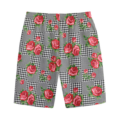 Red Roses Houndstooth Pattern Print Cotton Shorts
