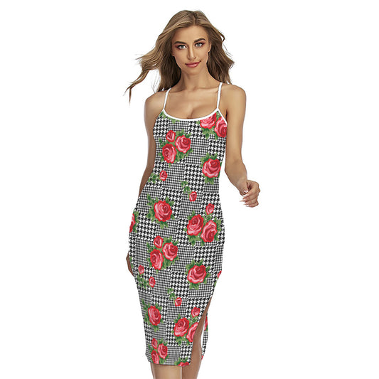 Red Roses Houndstooth Pattern Print Cross Back Cami Dress