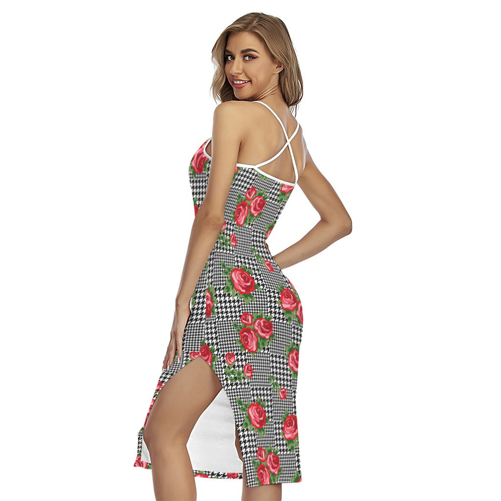 Red Roses Houndstooth Pattern Print Cross Back Cami Dress